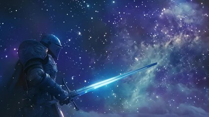 Wall Mural - A knight is standing in the sky with a sword in his hand. The sky is filled with stars and the knight is looking up at them. Scene is one of wonder and awe