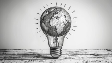 Continually drawing the earth globe inside a light bulb. Monochrome modern illustration isolated on white background.