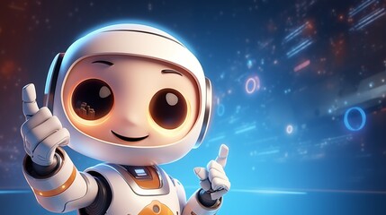 Positive cute robot pointing at a space. Copy space.