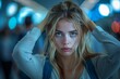 © Larisa AI - A young woman with striking blue eyes and a melancholic expression among blurred backlighting