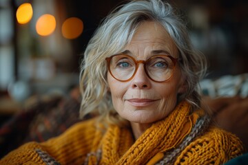 A portrait of an elderly woman wearing glasses, with a gentle smile and a cozy yellow scarf