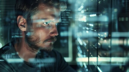 Wall Mural - Close-up of a focused man with digital graphics overlaying his face in a futuristic setting.