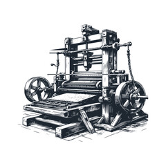 The Gutenberg Press Printing Machine Black white vector illustration.	