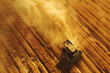 Witness the efficient harvest of wheat in a vast field, as a combine harvester operates, captured from a bird's eye perspective.