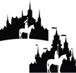 guard knight riding a horse by the medieval castle outline - fairy tale scene design black and white vector silhouette set