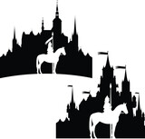 Fototapeta  - guard knight riding a horse by the medieval castle outline - fairy tale scene design black and white vector silhouette set