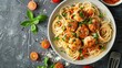 Elegant top view spaghetti with chicken meatballs, whole grain pasta and a rich homemade vegetable tomato sauce, perfect for health-conscious food ads, isolated