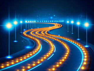 Wall Mural - A long road with many lights on it. The lights are yellow and blue. The road is lit up and it looks like a tunnel