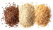 Elegant top view composition of high-fiber grains like quinoa, brown rice, and oats, mixed with barley and bulgur, studio lighting, isolated setting