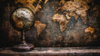 A globe sits on a wooden table next to a map. The globe is old and worn, and the map is faded and tattered. Concept of nostalgia and a longing for the past