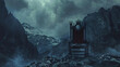 Black gothic throne against the dark rocky mountains 