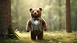 brown bear in the woods, An English bear, standing on its hind legs, gracefully dancing in a lush green forest clearing surrounded by tall oak trees and dappled sunlight filtering through the canopy. 