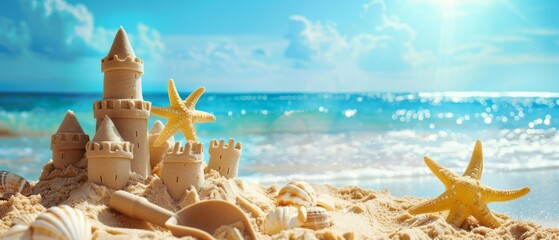 Landscape summer vacation holiday travel ocean sea background panorama - Close up of sand castle and sand shovel on the beach, sunshine