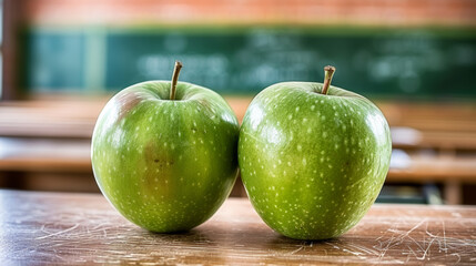 Wall Mural - Two green apples sit on a wooden table. The apples are fresh and ripe, ready to be eaten. The table is surrounded by a classroom setting, with a chalkboard in the background