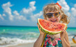 A happy young girl eating a large slice of watermelon in summer