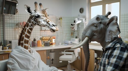 Wall Mural - Giraffe Doctor Engages in Consultation with Elephant Patient in Minimalist Setting Generative ai