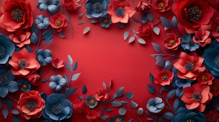 Creative layout made of red and blue paper flowers and leaves on red background.