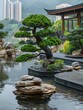 Minimalist composition of a traditional garden in Hong Kong, featuring serene ponds and bonsai trees.