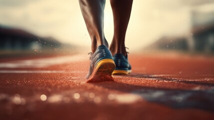 Close-up of man shoes and legs on track and field lane run race competing