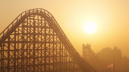 The distant silhouette of a towering roller coaster against a hazy sunlit sky hinting at the thrill of plunging speeds and dizzying drops. .