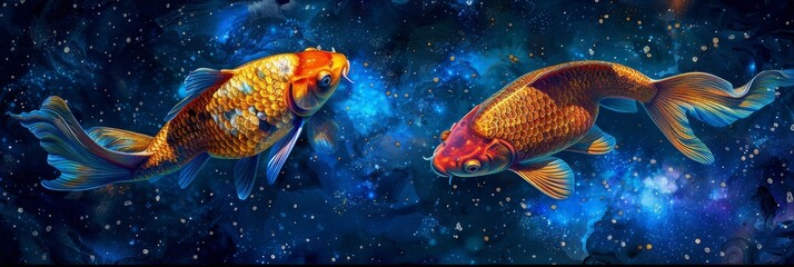 Pisces Zodiac Sign, Fish Horoscope Symbol, Two Magic Astrology Fishes, Pisces in Fantastic Night Sky