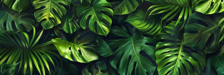 Wall Mural - Tropical pattern with beautiful monstera, palm leaves. Dark vintage 3D illustration. Glamorous exotic abstract background design. Good for luxury wallpapers, fabric printing, goods. High quality photo