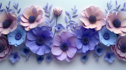 Wall Mural - Blue and pink anemone flowers with leaves