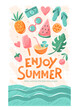 Summer, holidays and travel background. Set of summer vector illustrations for poster, banner, cover, card.
