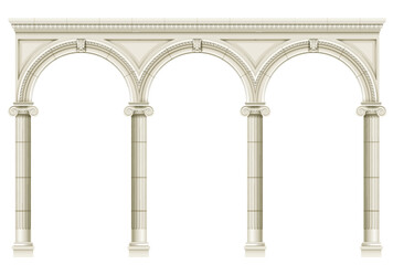 Wall Mural - Antique white colonnade with Ionic columns. Three arched entrance or niche. Vector graphics
