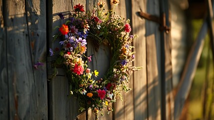 Wall Mural - A Heart-Shaped Wreath Adorned with Fresh Flowers and Lush Greenery: A Symbol of Eternal Love and Natural Beauty.
