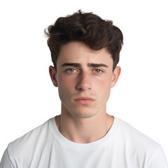 Wall Mural - Studio close-up portrait of young handsome man with calm facial emotion, looking straight ahead. Isolated on transparent background