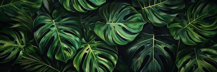 Wall Mural - Tropical pattern with beautiful monstera, palm leaves. Dark vintage 3D illustration. Glamorous exotic abstract background design. Good for luxury wallpapers, fabric printing, goods. High quality photo