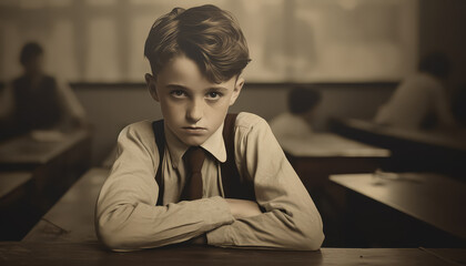 Wall Mural - A boy in a school uniform stands in front of a group of other children