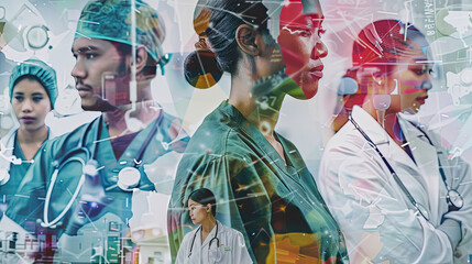 A composite image showing healthcare workers in various settings from hospitals to community centers all united by their commitment to care and help.