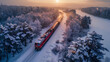 aerial view of express train in winter forest