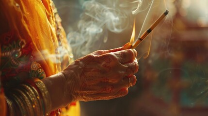 Wall Mural - A close-up of a woman's hand holding a traditional Indian incense stick, symbolizing the offering made during the Vrat.