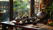 A traditional tea ceremony setup, emphasizing the cultural rituals and serene ambiance associated with tea drinking.
