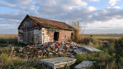 Wall Mural - Farm building destroyed by weather after economic crisis fragments of slabs and bricks on hangar ruins