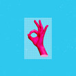 Hot pink female hand showing the ok gesture isolated on a blue color background. Trendy creative 3d collage in magazine urban style. Contemporary art. Modern design. Okay hand sign