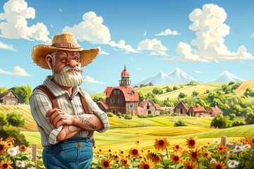 Wall Mural - Caricature of a Farmer on His Farm.  Generated Image.  A digital illustration of a caricature of a farmer on his farm on a sunny day.