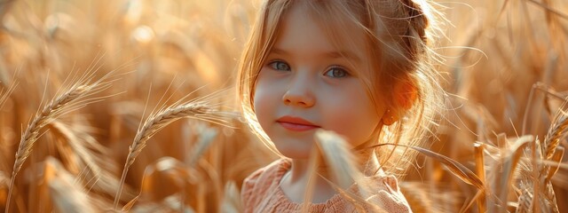 Wall Mural - little girl in wheat field selective focus