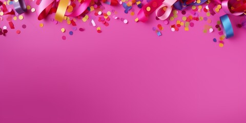 Wall Mural - Colorful confetti on magenta banner background with copy space in the middle 