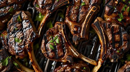 Wall Mural - A top-down view of grilled lamb chops