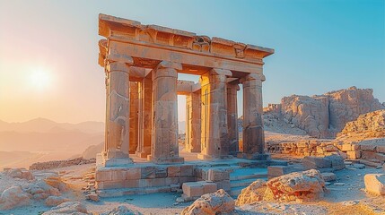 Wall Mural - View of ruins of ancient city with temples inspired by  Iranian culture and  Persepolis ruins, very bright sunny day, 