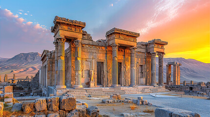 view of ruins of ancient city with temples inspired by iranian culture and persepolis ruins, very br