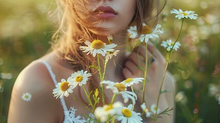 Wall Mural - girl in field of daisies selective focus