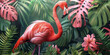 Generative ai illustration of a Tropical leaves plants and flamingo