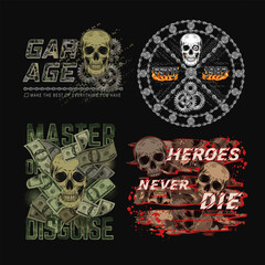Wall Mural - Set of camouflage labels with human skull, gears, dollar money. Dark grunge t shirt graphics in gothic style. For apparel, fabric, textile, sport goods. Not AI