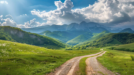 Wall Mural - Country road and Green Mountains in summer.