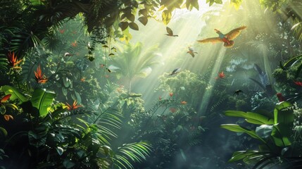 Wall Mural - A lush jungle with many birds flying around